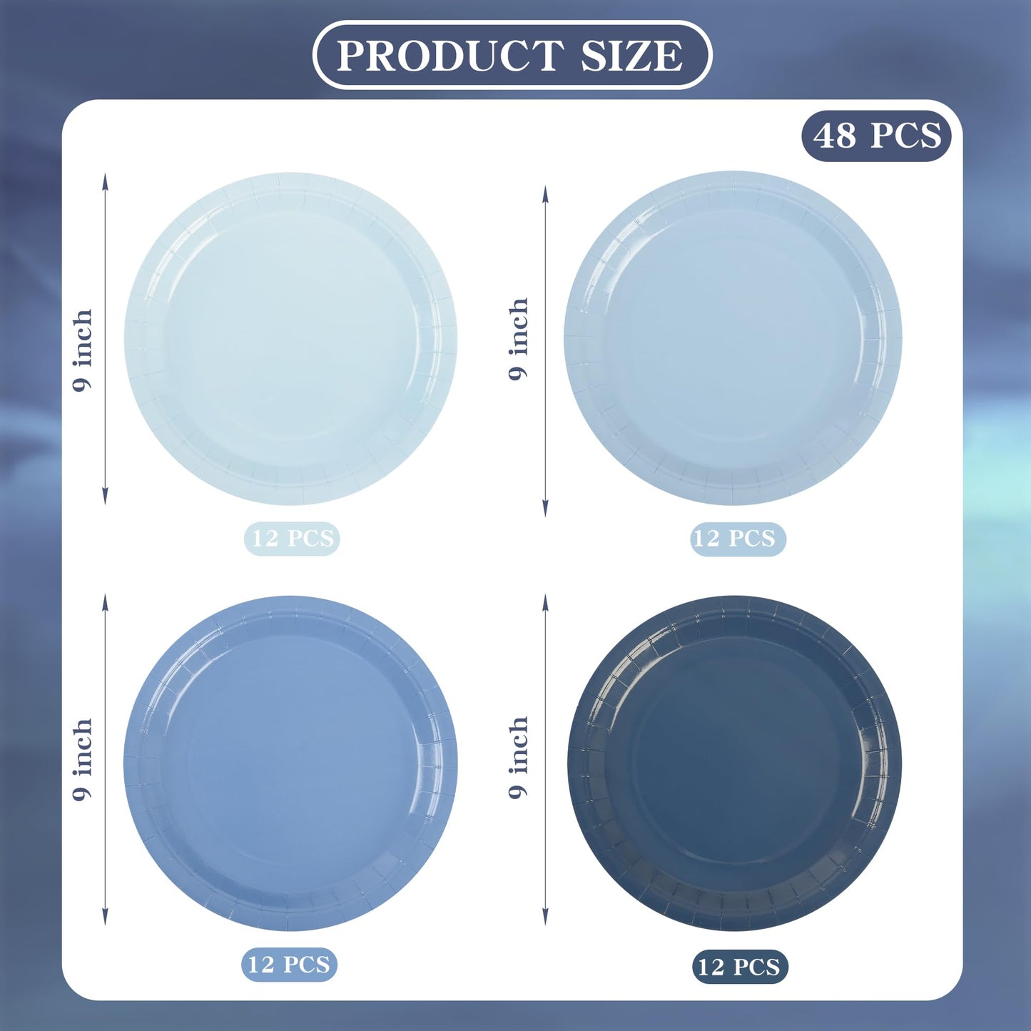 AimFun 48Pcs Dusty Blue Paper Plates Gradient Blue Party Plates 9 Inch Disposable Pastel Birthday Plates Round Dinner Dessert Plates for Wedding Baby Bridal Shower Party Supplies Tableware Decor