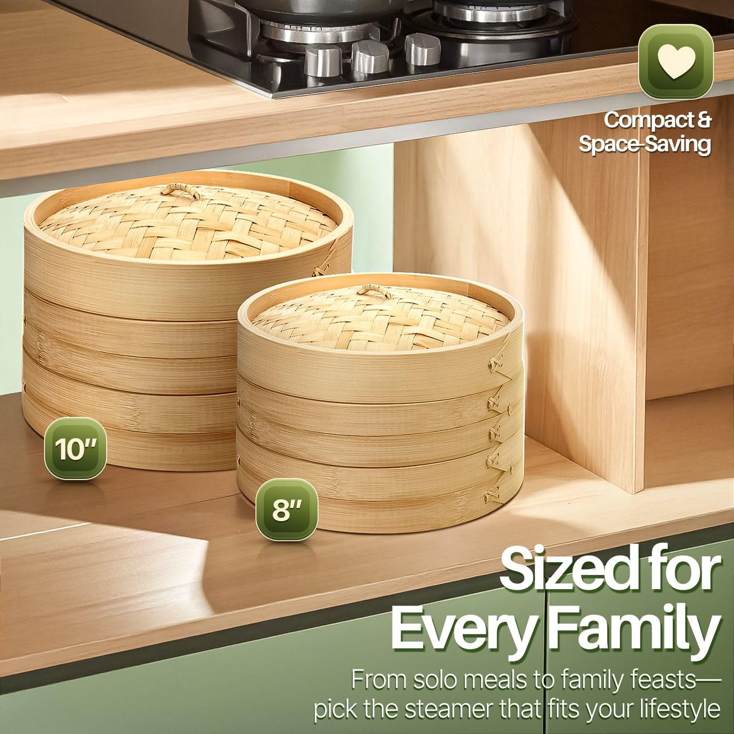 Flexzion Bamboo Steamer Basket Set (10 inch), 50 x Steamer Liners and 2 Pairs of Chopsticks, Steam Baskets for DimSum Dumplings, Rice, Vegetables, Fish and Meat
