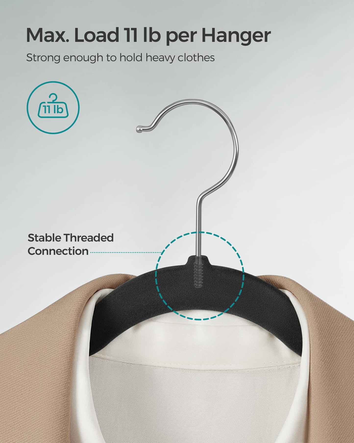SONGMICS Velvet Hangers, Non-Slip Clothes Hangers with Shoulder Notches, Pants Bar, 360° Swivel Hook, Space-Saving, for Closet, 50 Pack, Ink Black UCRF029B05