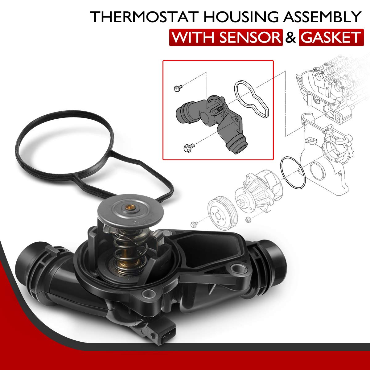 A-Premium Thermostat Housing Assembly with Sensor and Gasket Replacement for BMW E39 E46 320i 325i 328i 525i 528i 530i X3