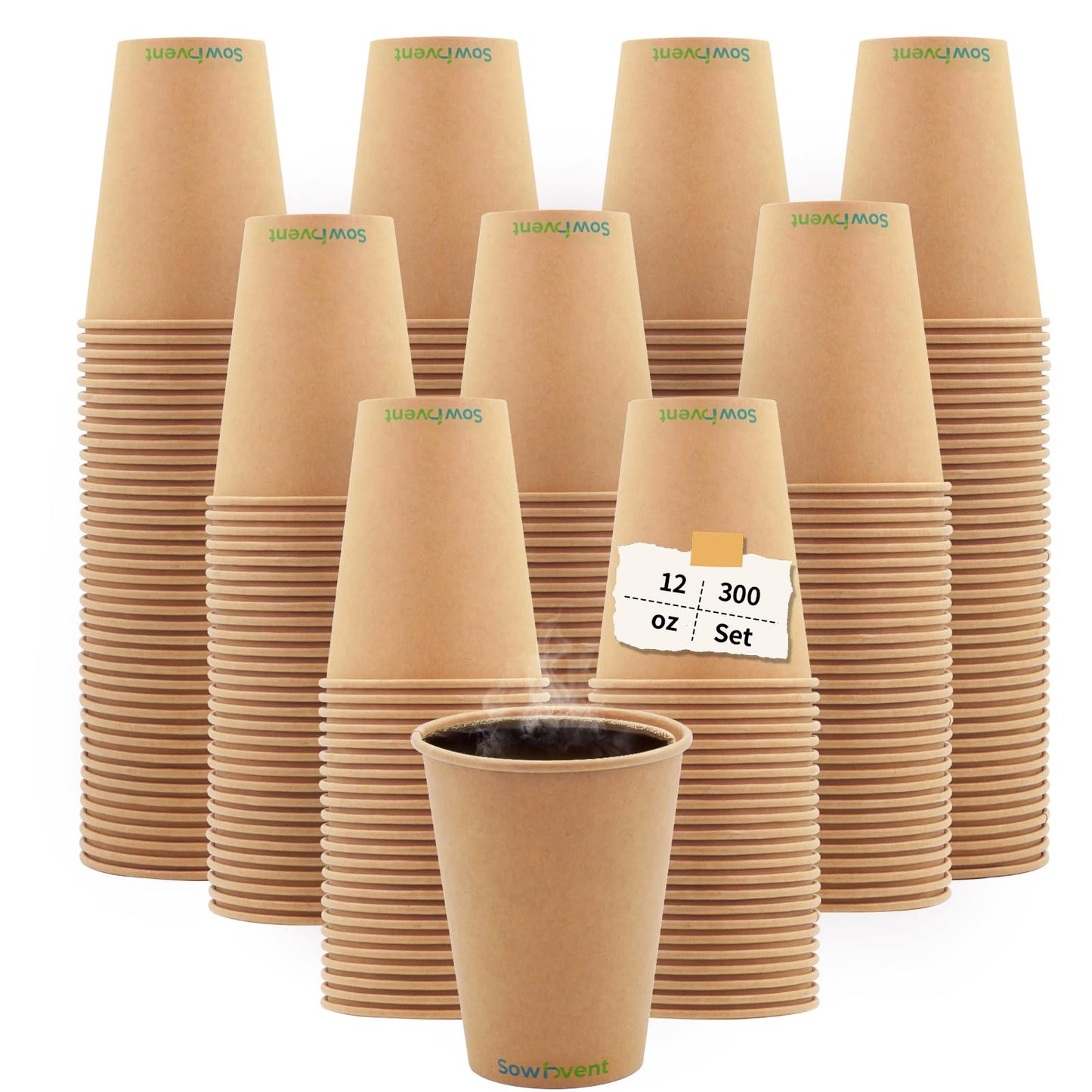 Sowinvent 12 oz Kraft Paper Cups, Disposable Hot/Cold Paper Coffee Cups, Water Cups for Party Picnic and Daily Life, Office Party Home Travel, 300 pcs