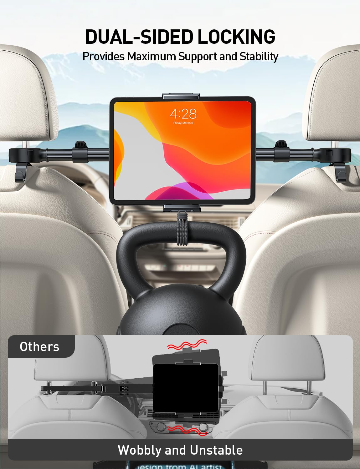 Car Headrest Tablet Holder for iPad: [Front & Rear Flip Mount] Adjustable Back Seat Tablet TV Portable Monitor Holder, Car Road Trip Essentials for Kids Compatible with 4.7-16.1" Devices
