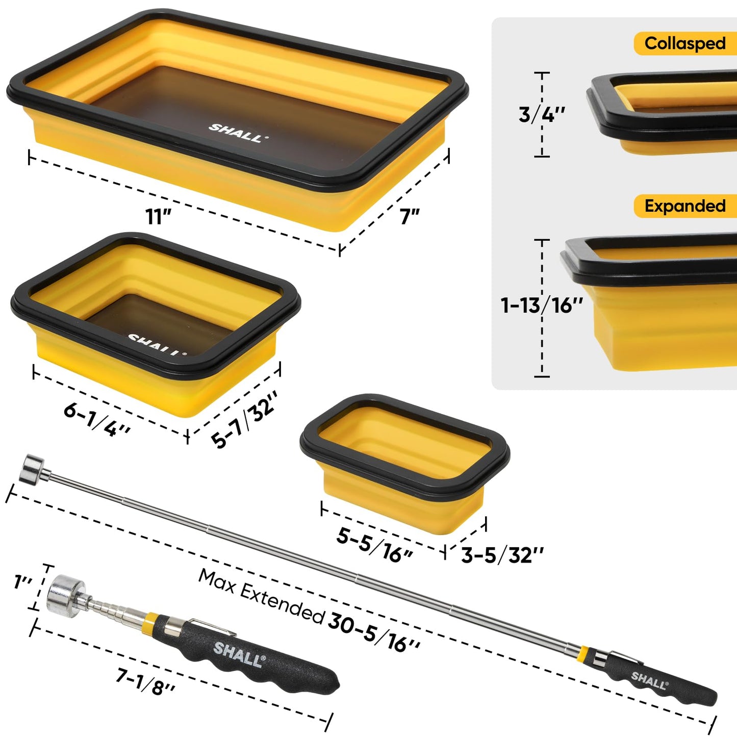 SHALL Collapsible Magnetic Tool Parts Tray and Telescoping Magnetic Pickup Tool Set, 3-Piece Silicone Foldable Magnetic Bowls & 25LBS Force Extendable Magnet for Mechanic Screw Bolts Nuts Washers Pins