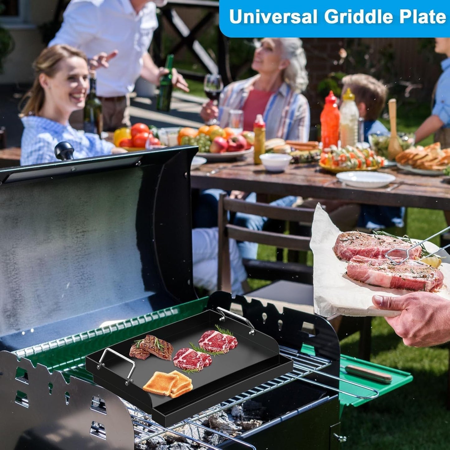 17" x 13" Nonstick Grill Griddle for Most Gas Grills, Universal Flat Top Griddle for Charcoal/Gas Stove, Cooking Griddle Plate with Removable Handles & Grease Groove for Camping,Tailgating,Parties