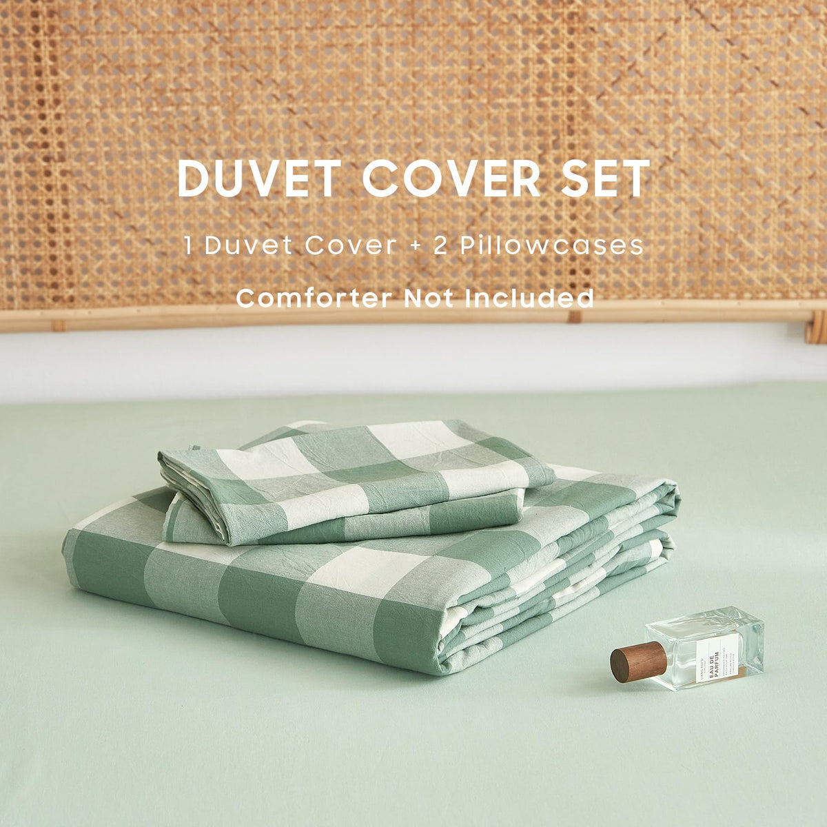Wake In Cloud - Gingham Duvet Cover Set, 100% Washed Cotton Plaid Buffalo Check Checkered Geometric Farmhouse Bed Bedding with Zipper Closure, 3 Pieces, Green White, Queen Size