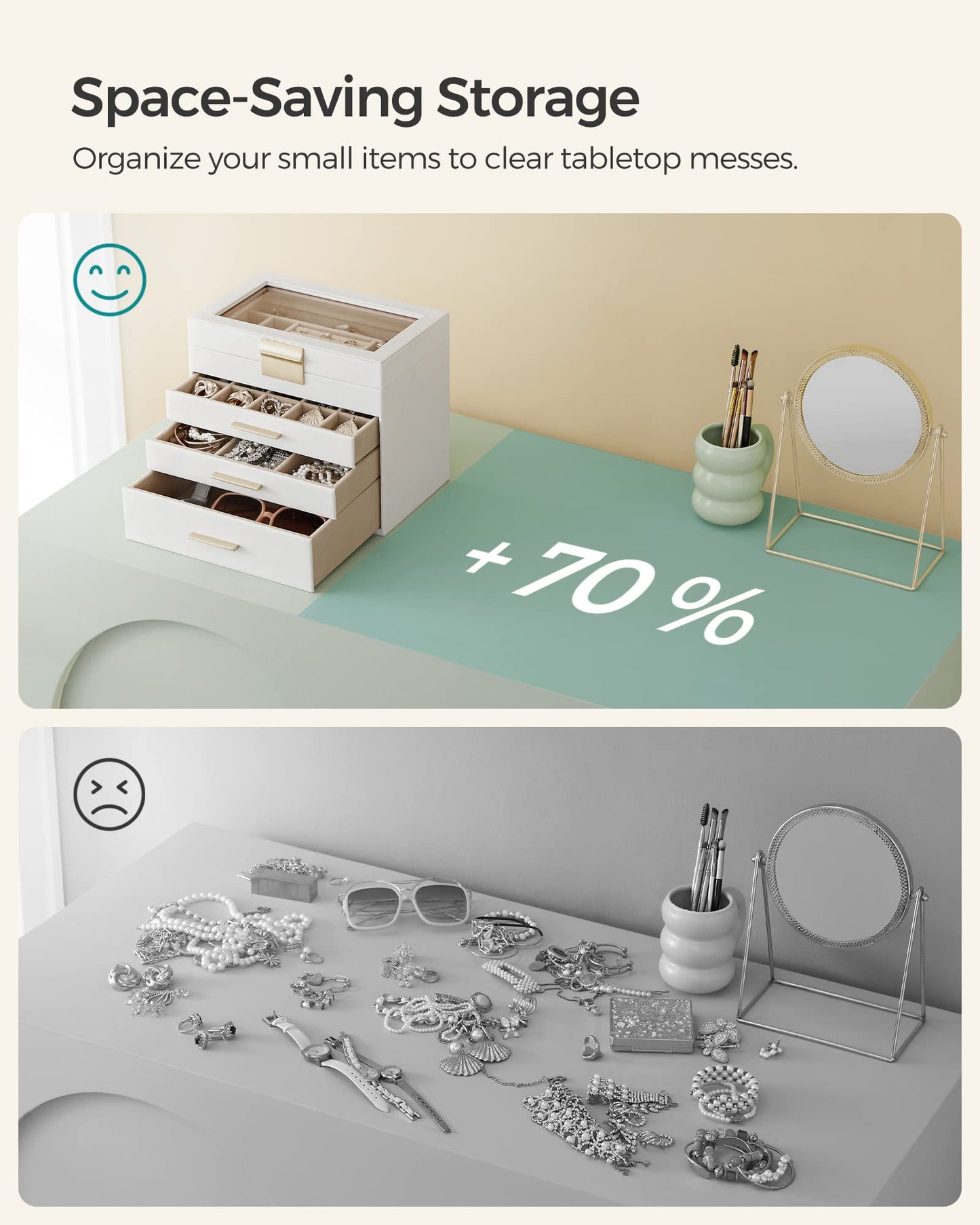 SONGMICS GISELLA Collection - Jewelry Box Organizer, 4-Layer Jewelry Storage with 3 Drawers, Shiny Metal Hardware, Glass Lid, Modern, 15.3 x 25.1 x 21.5 cm, Cloud White and Gold Color UJBC161W01
