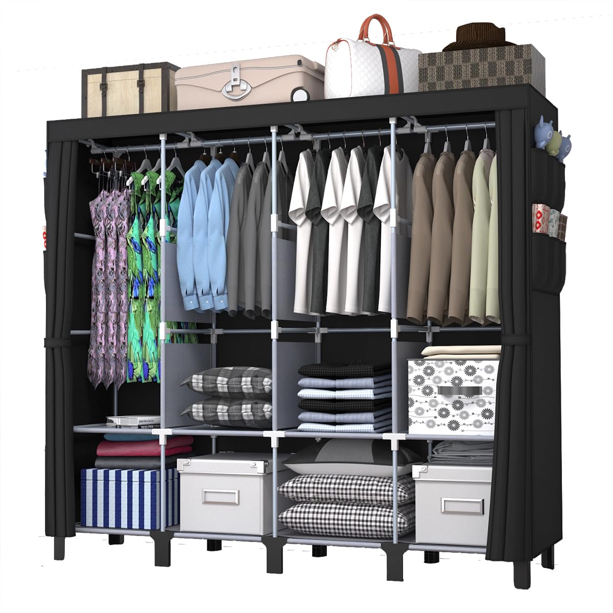 Portable Wardrobe, Large Capacity Closet Storage with Cloth Cover, Dustproof, Waterproof, Side Pockets, Simple Wardrobe Organizer, 51.2 inches, Depth 17.8 inches (Black, Extra Large)