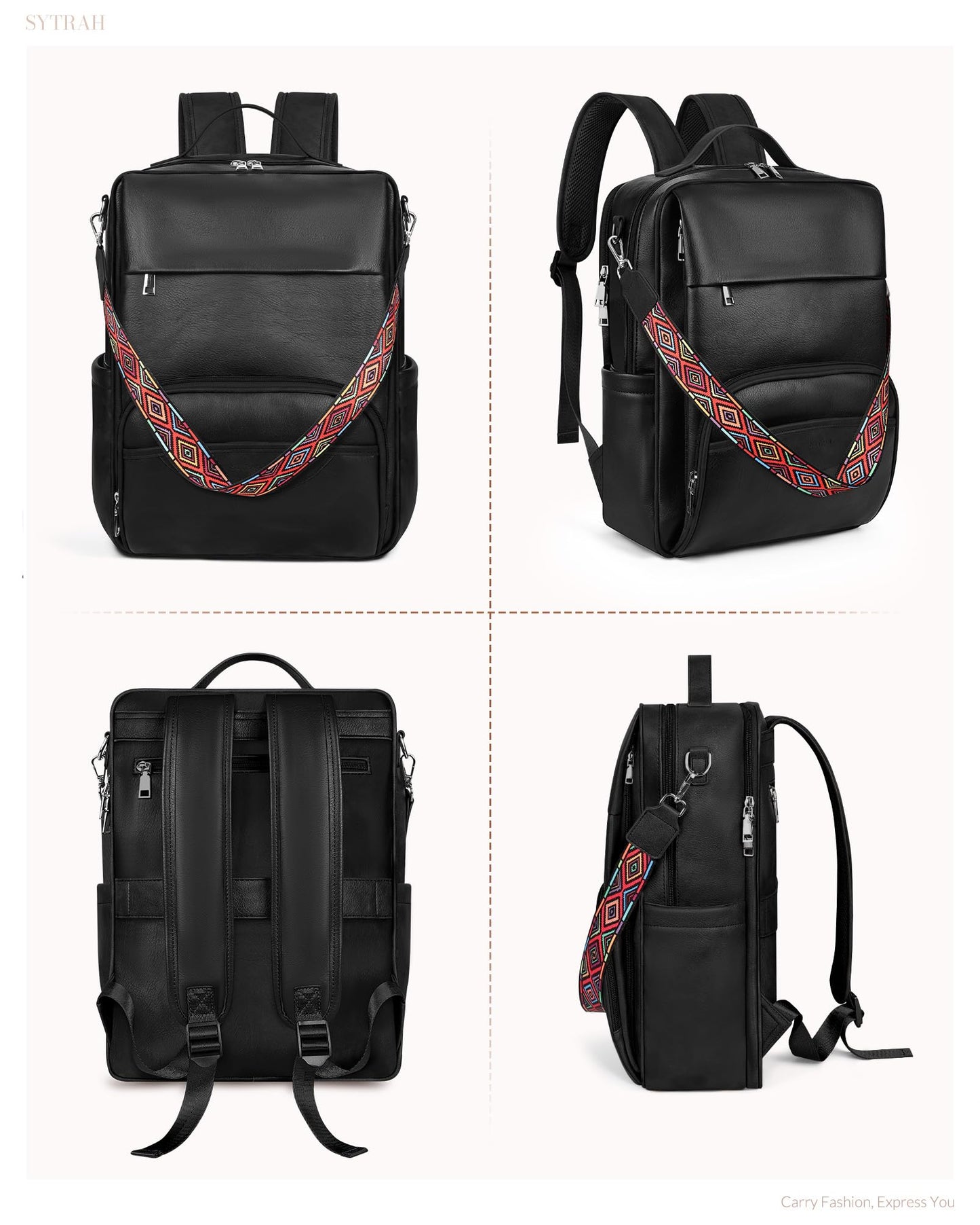 SYTRAH Leather Laptop Backpack, 15.6 Inch Business Computer Bag, Designer College Backpack Travel Backpack with Colorful Shoulder Bag Strap Black
