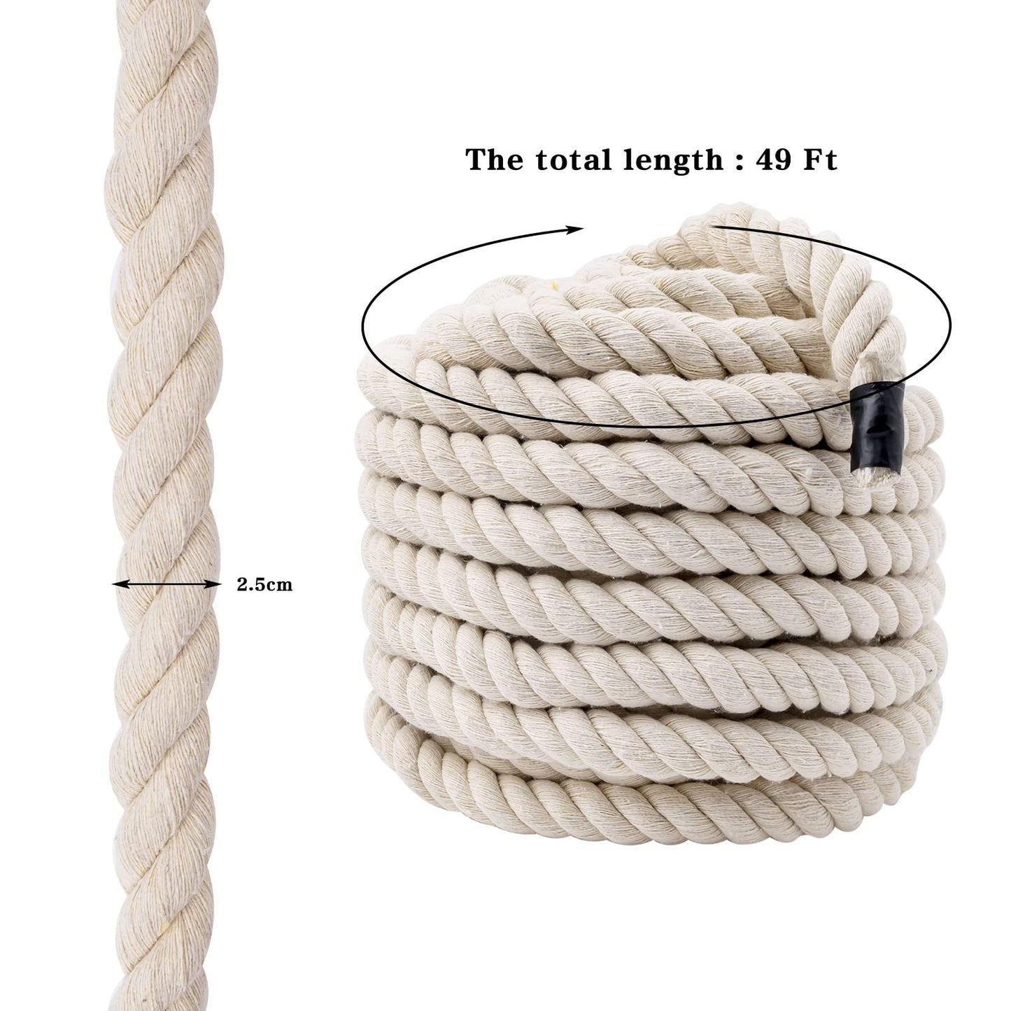 1 Inch x 49 Feet Natural Cotton Rope, 3 Strand Twisted Cotton Cord, Super Thick Soft Cotton Rope for Crafts, Sports Tug of War, Hammock, Home Decorating Wedding Rope