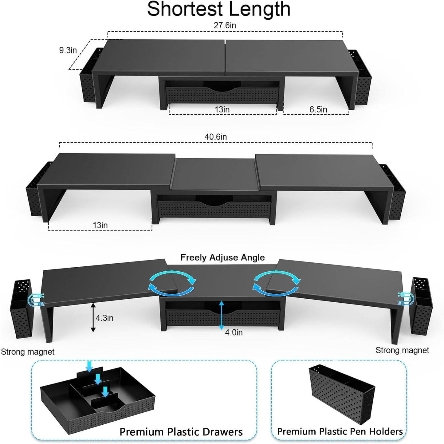 Oillase Dual Monitor Stand Riser, Desk Organizer With Drawer and 2 Pen Holders, Computer Monitor Stand, Shelf for Top of Desk, Black