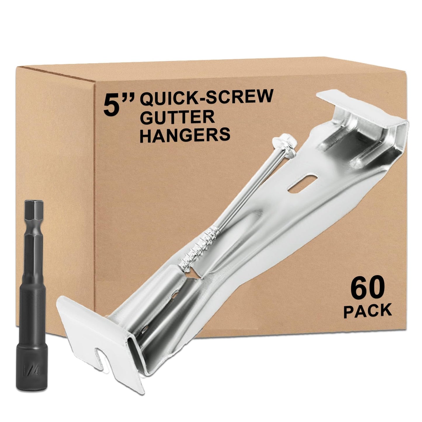 5inch Gutter Hangers (60Pcs) with Pre-Inserted Quick Screw Gutter Clips, Hidden Bracket Clips for 5" K-Style Aluminum Gutters - Come with 1/4” Hex Drill Bit