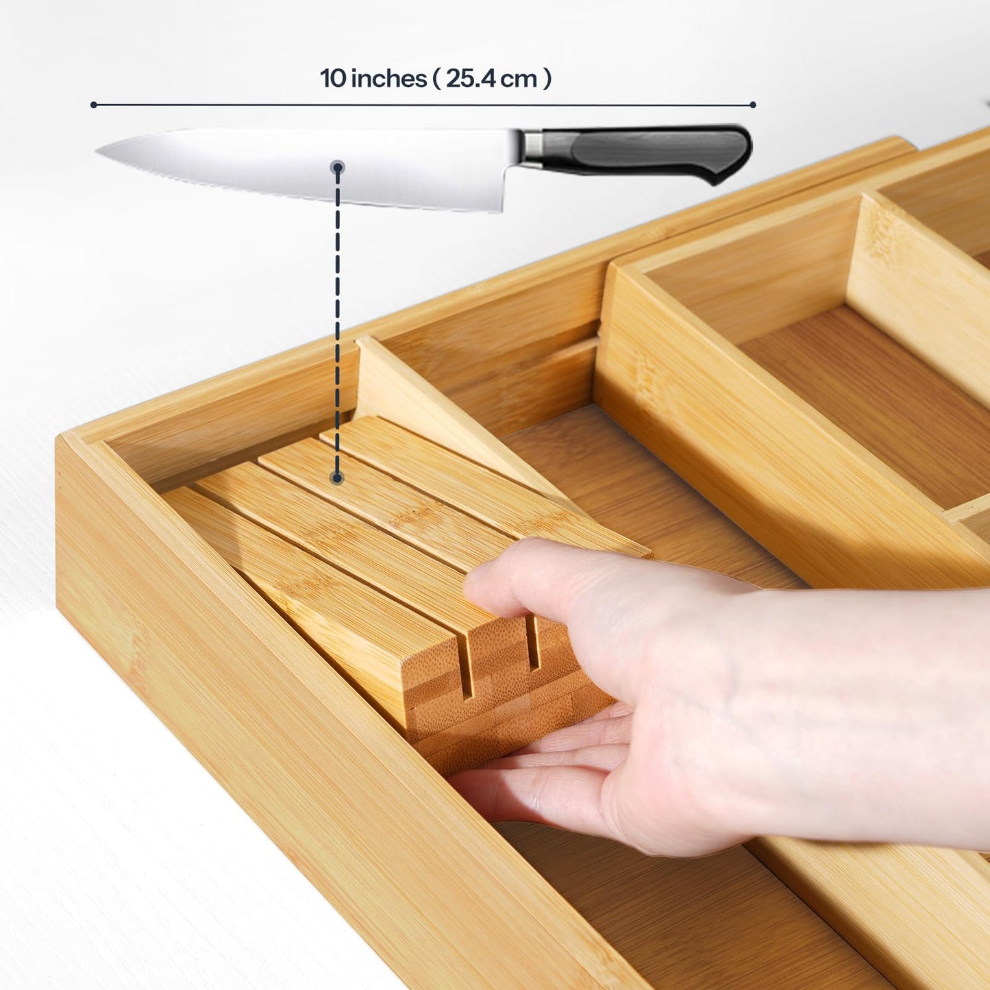 HO0BRO Large Silverware Organizer Kitchen Drawer Organizer, Magnetic Connected Expandable Utensil Organizer From 58 to 90 cm, Bamboo 16 Slots Cutlery Tray with Knife Holder, Natural YL07TL01