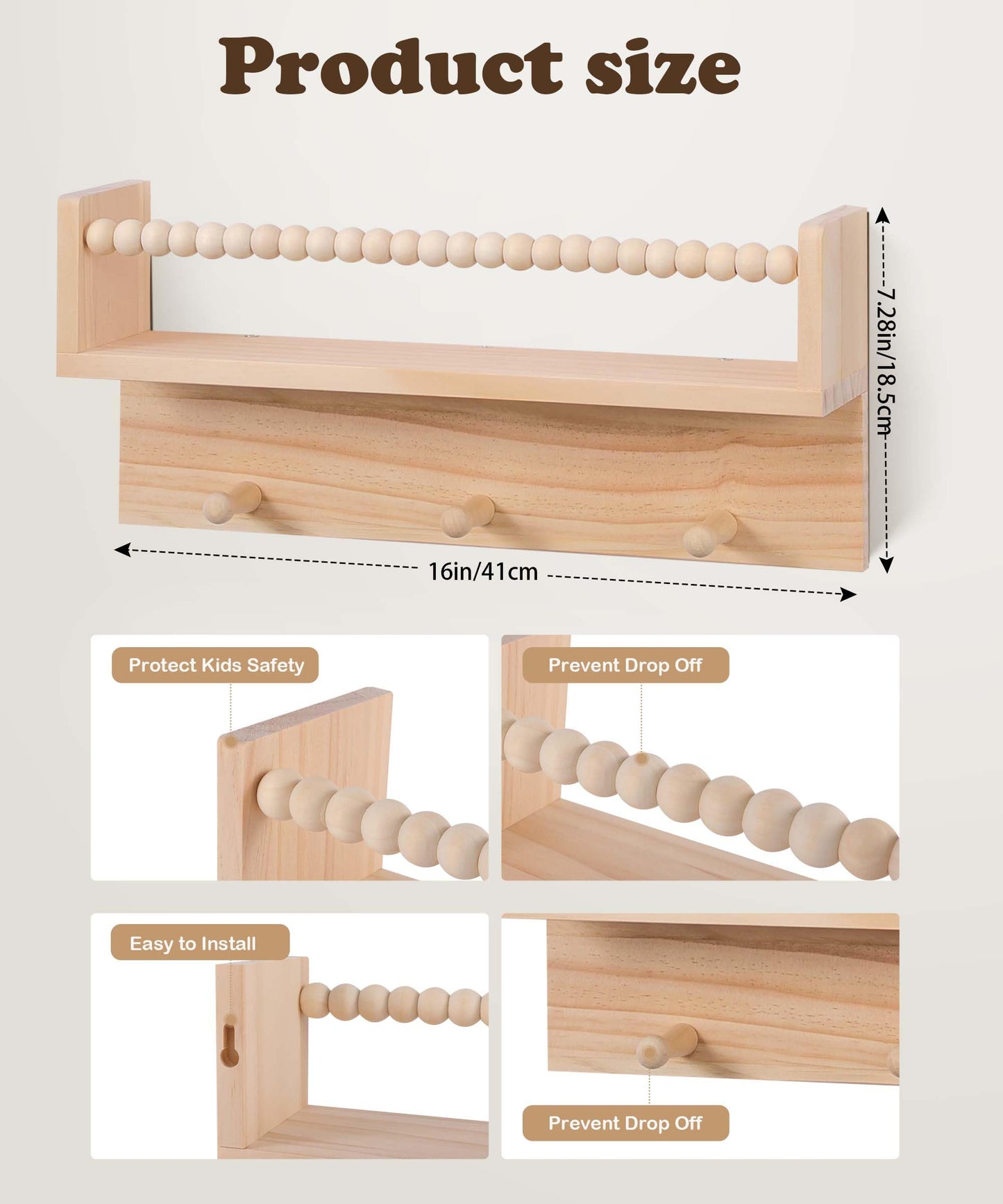 BIROLA Nursery Book Shelves with Beads Set of 3,Nursery Shelves for Bookshelf Wall,Wall Bookshelves for Kids，Bathroom Decor, Kitchen Spice Rack (Natural)