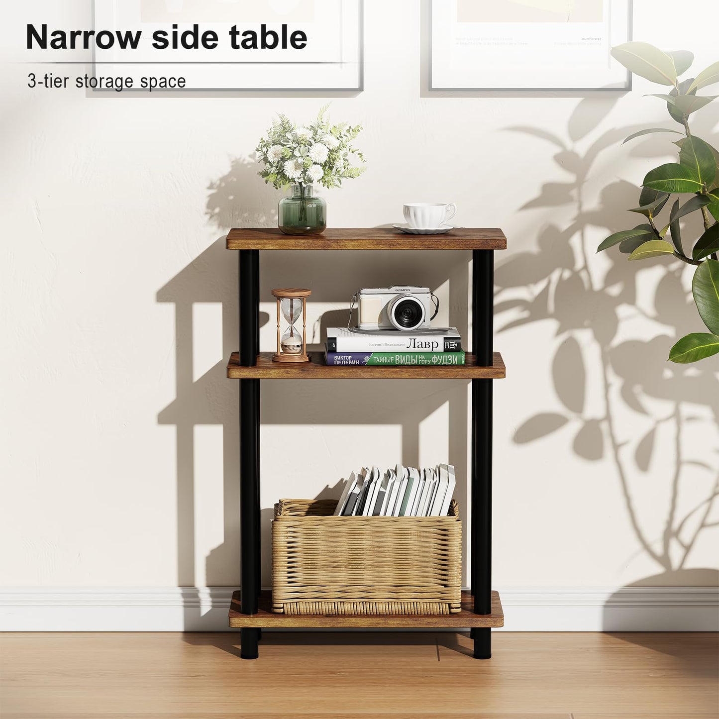 Apicizon Small Narrow Side Table, 3-Tier Skinny End Table for Small Spaces, Slim Nightstand with Storage Shelf, Bedside Table for Living Room, Bedroom, Rustic Brown and Black