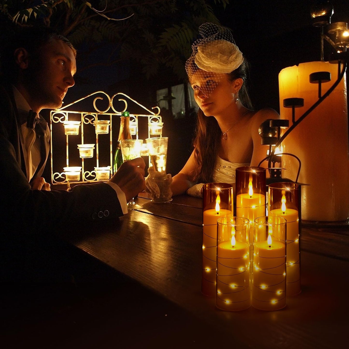 Liomus Flickering Flameless Candles, LED Pillar Canldes with String Light,Battery Operated Remote Control Timer Flameless Candles for Wedding Christmas Home Decor Set of 7 (D2.3in*H5 6 7in) (Ivory)