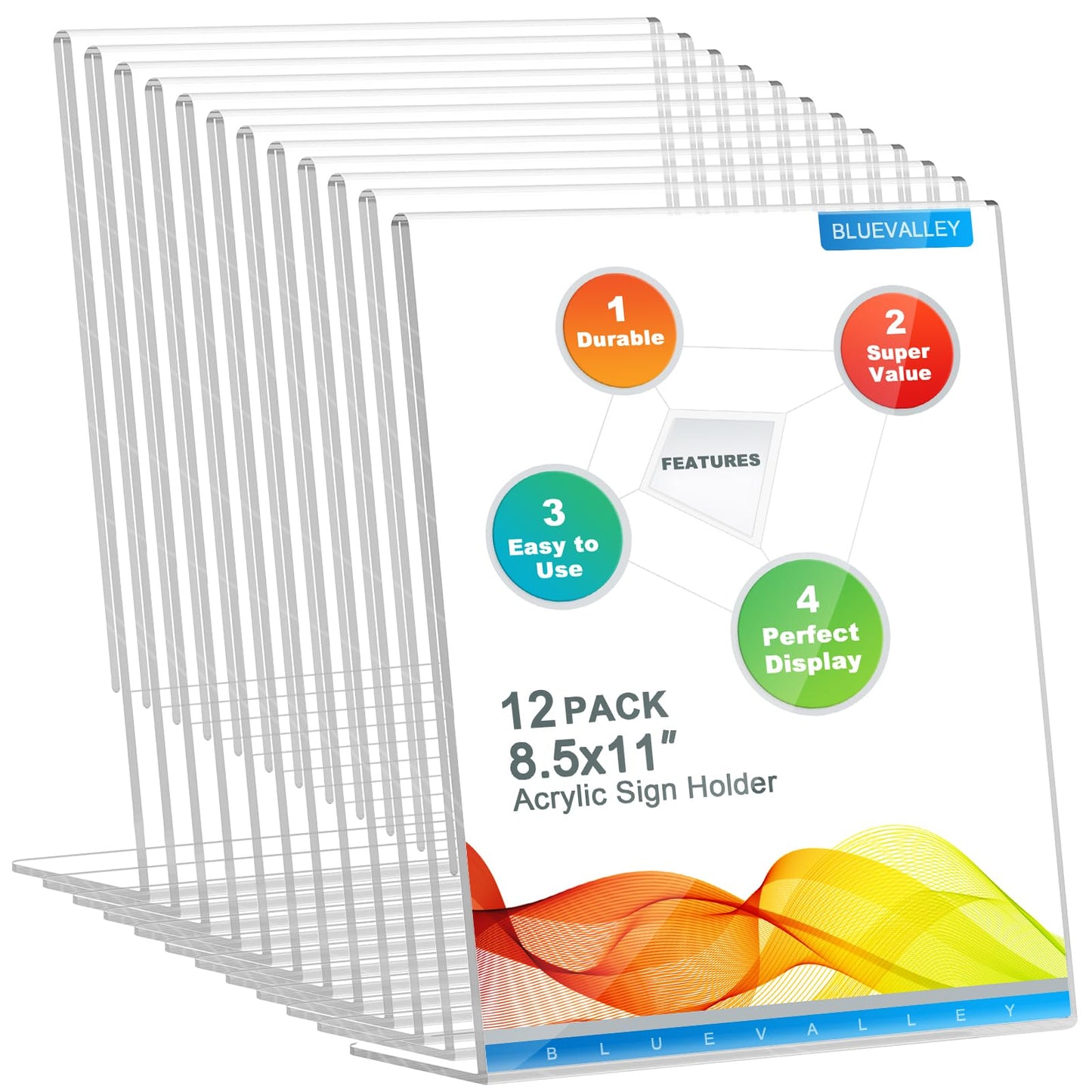 BlueValley 12 Pack Clear Acrylic Sign Holder 8.5x11" Vertical, Slant Back Flyer Brochure Document Paper Display Holder for Office Desktop, Ad Picture Frame Acrylic Menu Display Stand for Show Fair Store Catering Tabletop