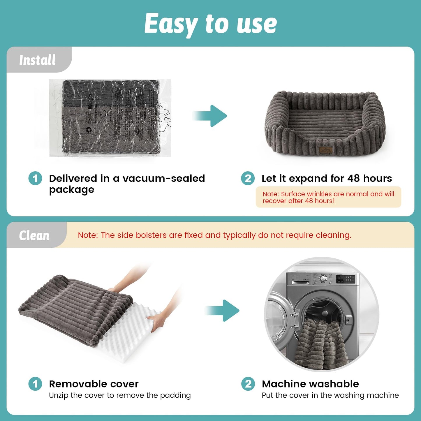 COZY KISS Orthopedic Dog Bed for Small Dogs & Medium Dogs - Washable Rectangle Pet Bed with Anti-Slip Bottom, Soft Calming Cat & Puppy Bed for Indoor Pets (30"x23"x7", Grey)