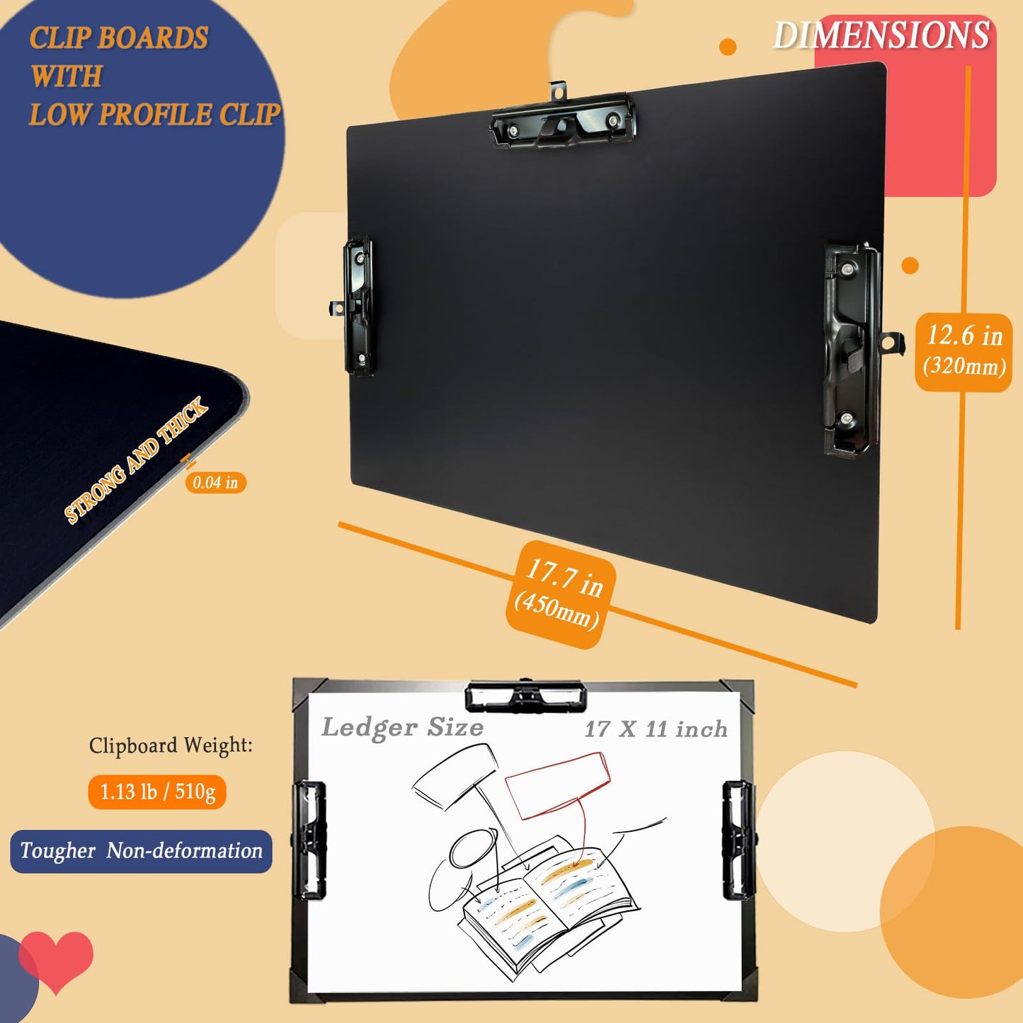 Three Black Clip Aluminum 11x17 Clipboard Metal Stainless Hangable Clipboards Art Pen Holder Extra Large Clip Board for Business Medical Professionals Workshop (Black, A3-3Clip)