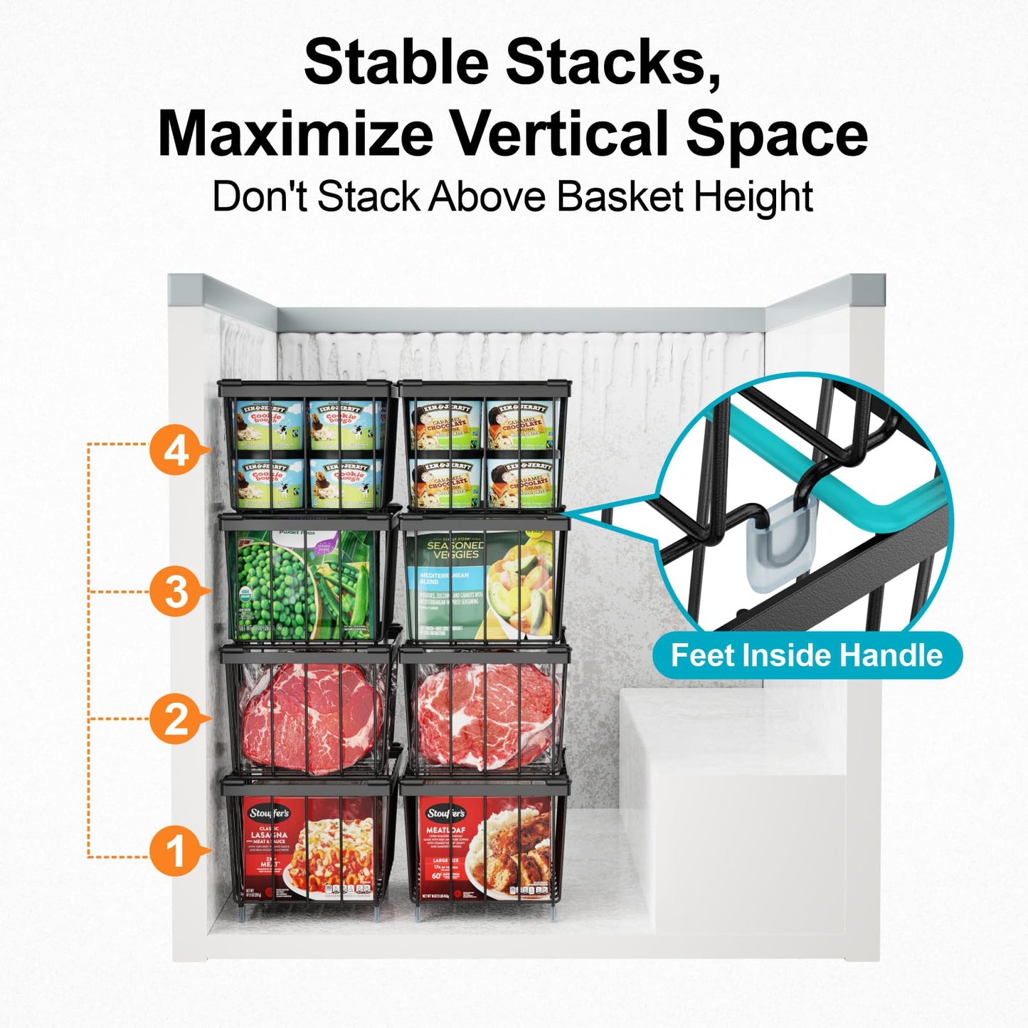 iSPECLE Freezer Organizer Bins - 4 Pack Stackable Wire Baskets for 5 to 7 Cu.Ft Deep Freezer, Sort Frozen Foods Chest Freezer Organizer with Handles Easily Get Food and Add Storage Space, Black
