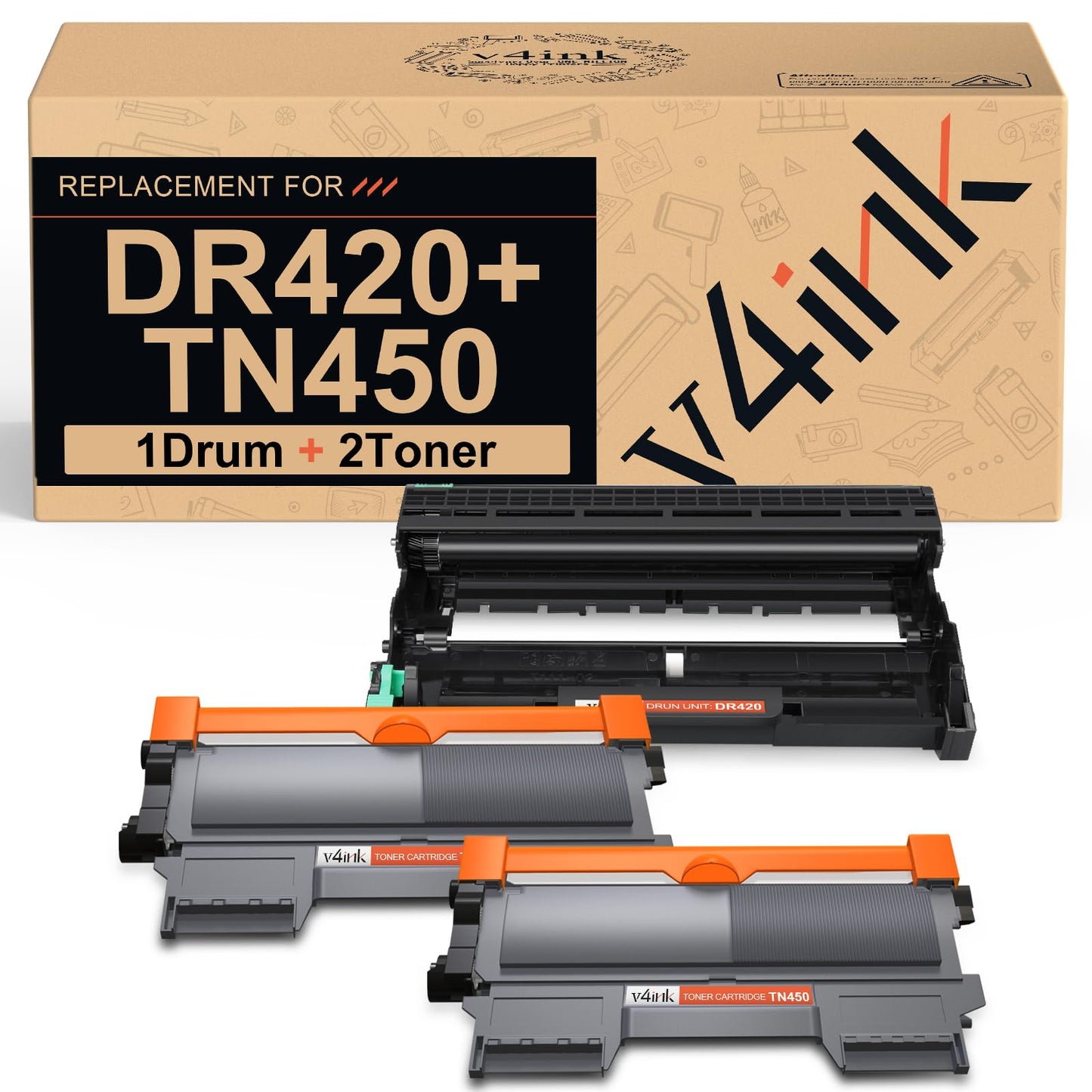 v4ink Compatible Toner Cartridge and Drum Unit Replacement for Brother TN450 TN420 DR420 use with HL-2270dw HL-2280dw HL-2230 HL-2240d MFC-7240 MFC-7360n MFC-7860dw 3 Packs (1 Drum+2 Toner) (Black)