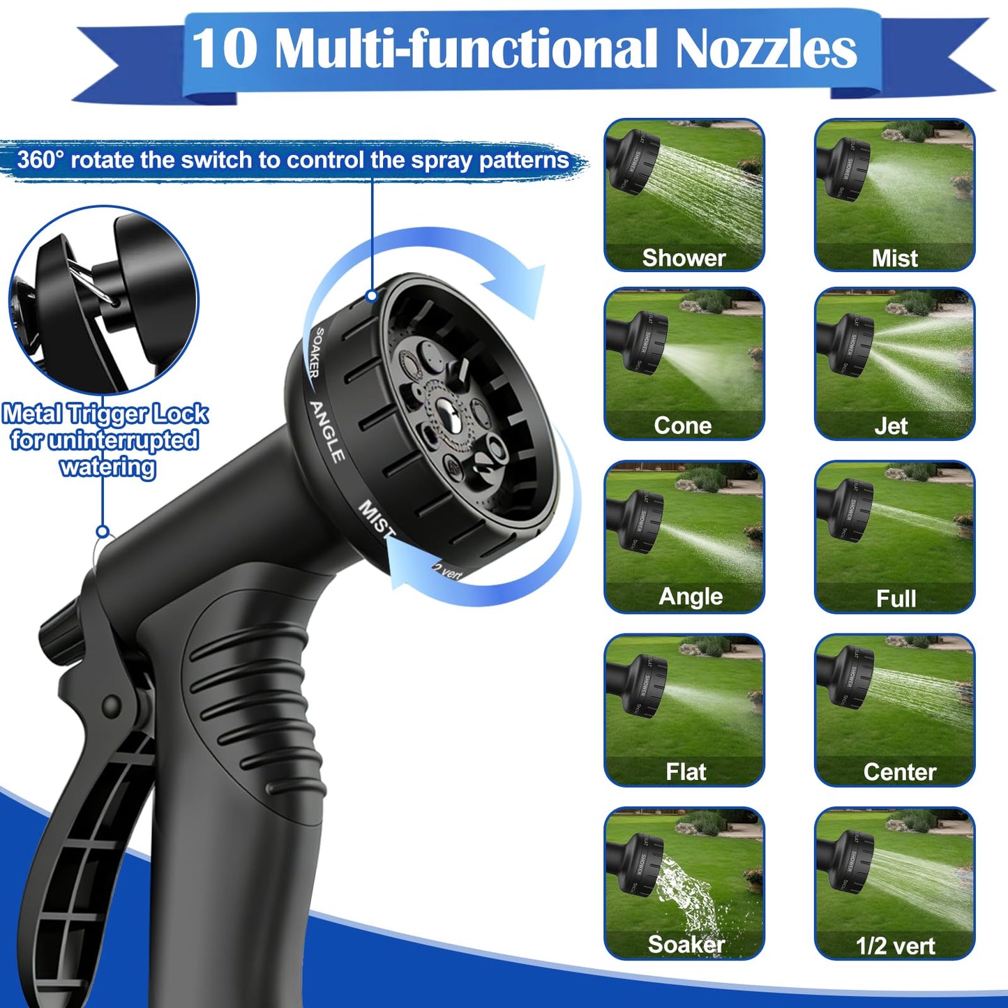 Expandable Garden Hose 100ft Water Hose with 10 Function Nozzle Flexible Expending Hose Kink Free,3-Layers Latex and 3/4 Solid Solid Fittings Retractable Collapsible Gardening Hose Pipe with Hook Blue