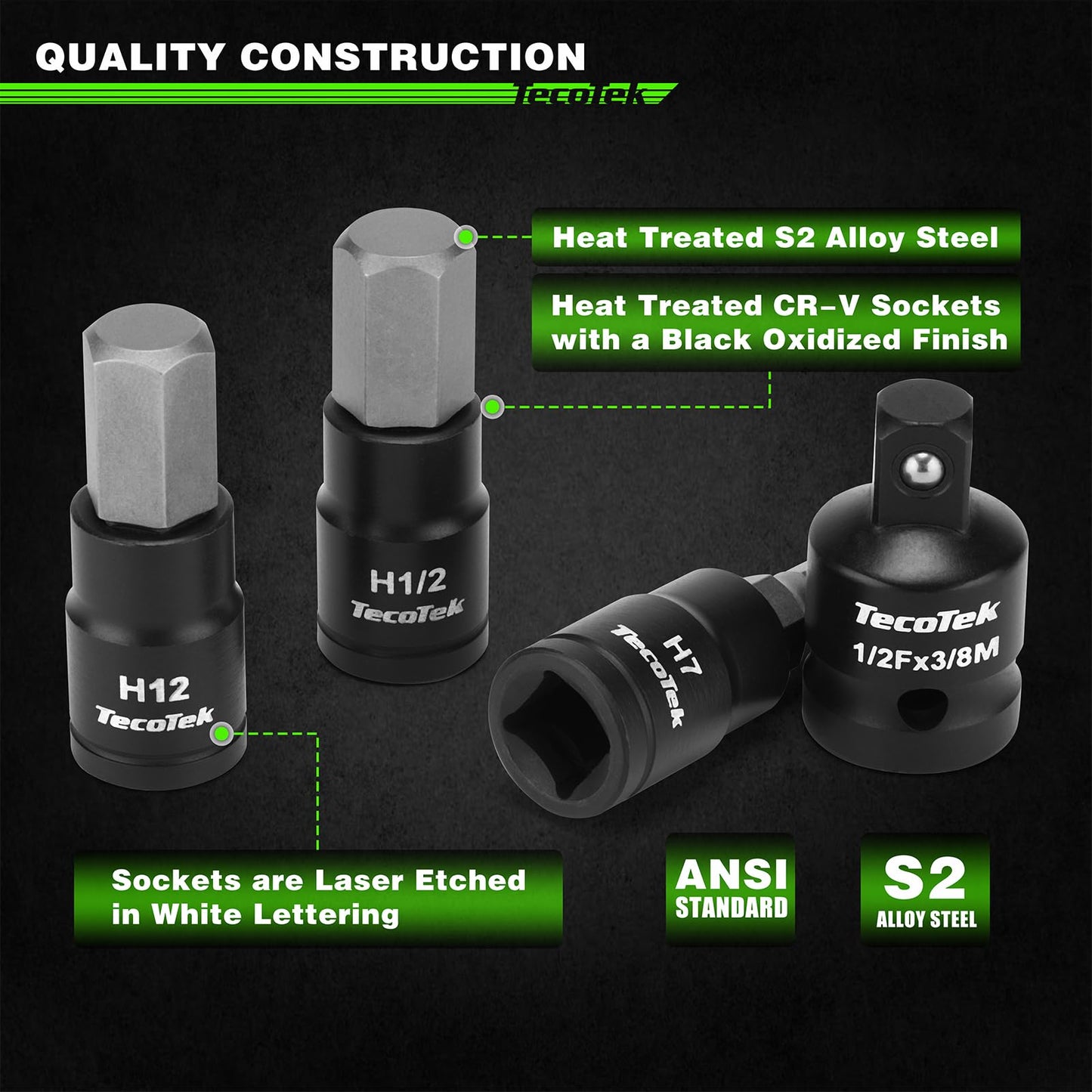 TecoTek 38PCS Hex Impact Bit Socket Set, 1/4", 3/8" and 1/2" Drive, SAE and Metric Allen Socket Bit, S2 and Cr-V Steel, S2 Steel, 5/64" - 3/4", 2mm - 19mm, Includes 5PCS Socket Adapters