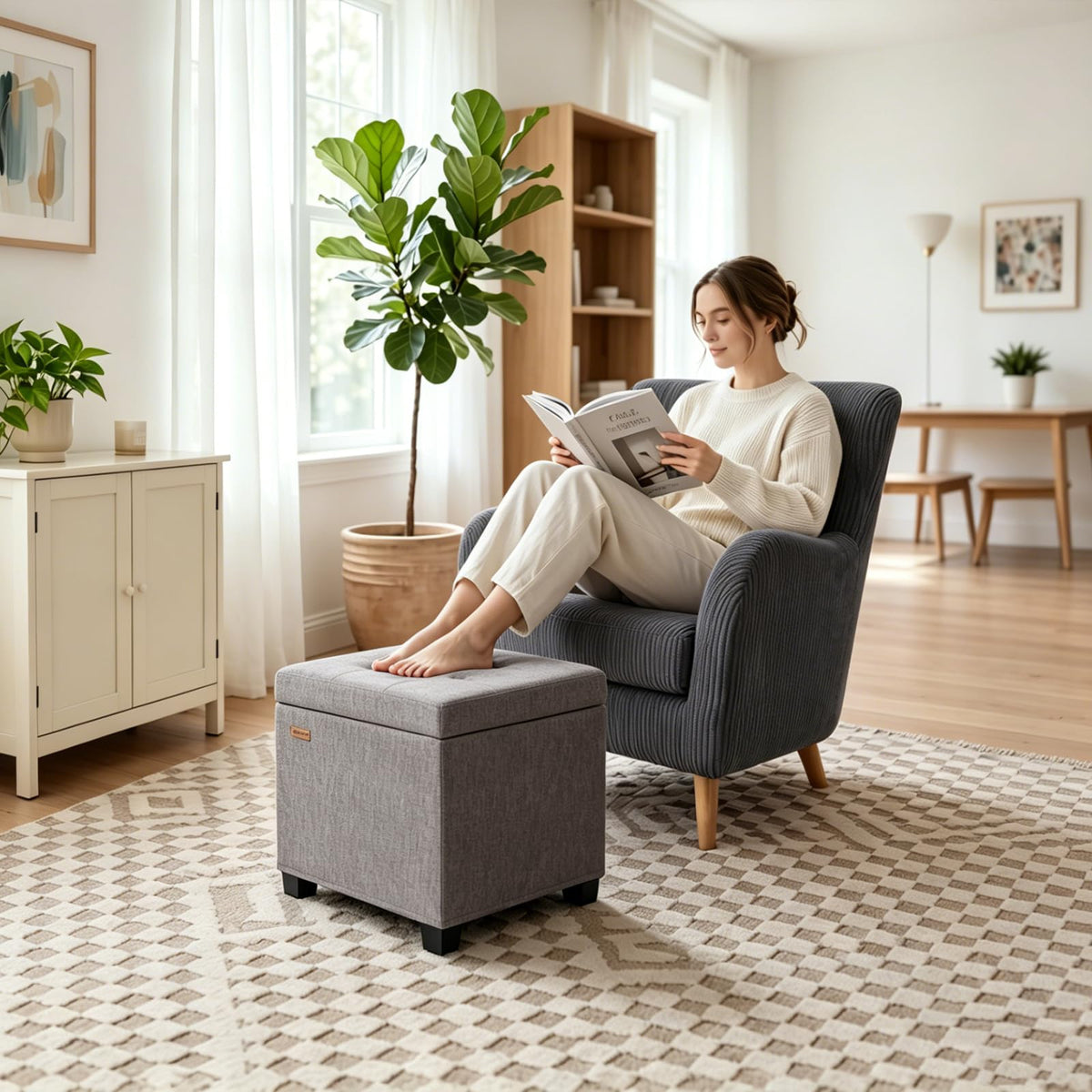 ABHENG Steel Frame Square Storage Ottoman Cube 45 x 45 x 45 cm,Tufted Upholstered Foot Stool Footrest with Legs,for Dorm Living Room Chenille Gray CASND641G