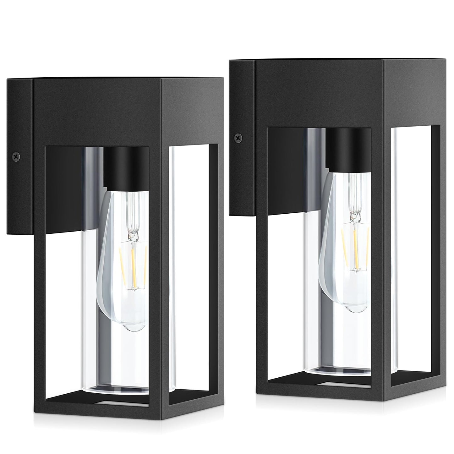 2-Pack Outdoor Wall Light Fixtures, Exterior Waterproof Lanterns, Porch Sconces Wall Mounted Lighting with E26 Sockets & Glass Shades, Modern Matte Black Wall Lamps for Patio Front Door Entryway
