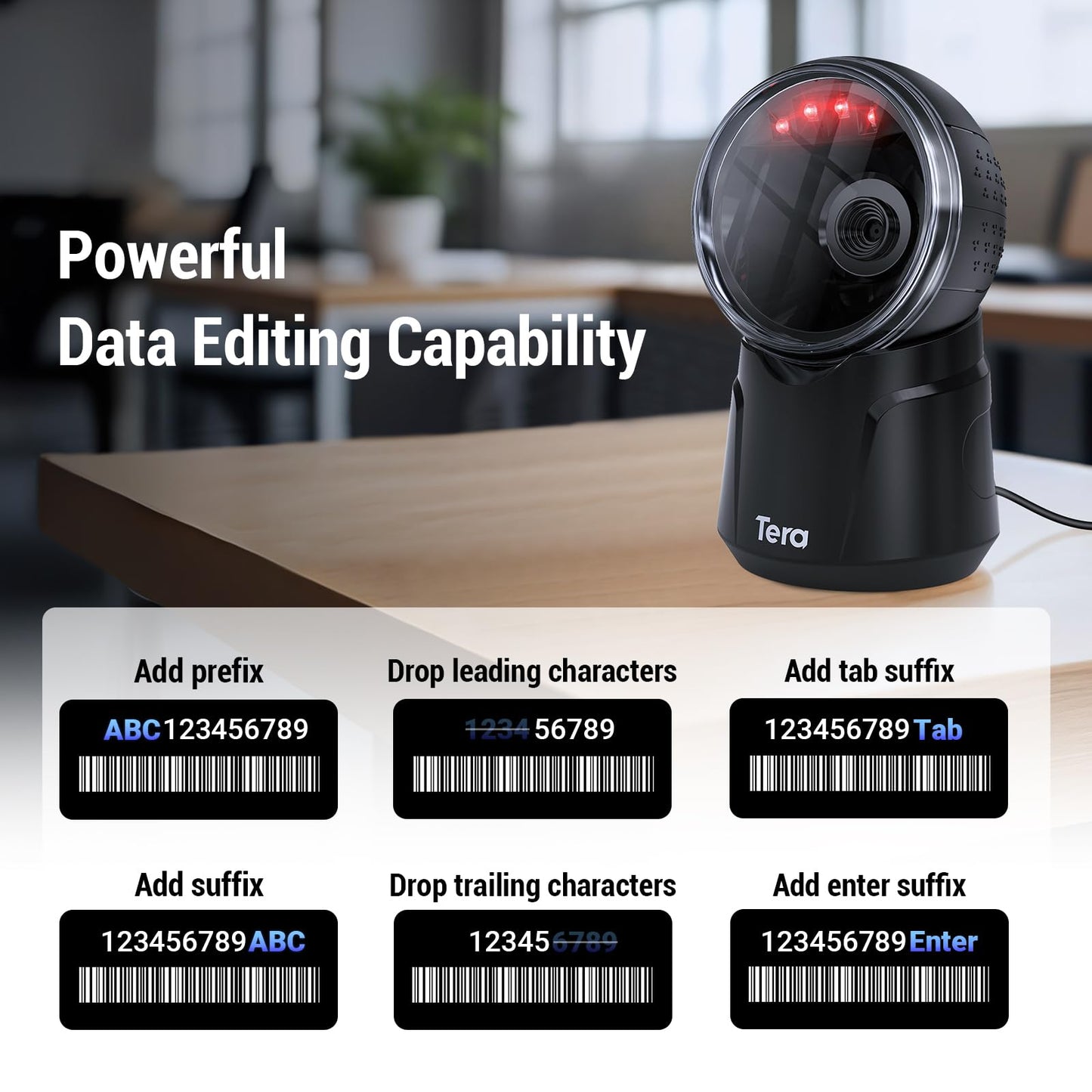 Tera Barcode Scanner Desktop Omnidirectional: 1D 2D QR Handsfree USB Wired Bar Code Reader Adjustable Scan Head Plug and Play for POS Supermarket Retail Store Mobile Payment Model 9000