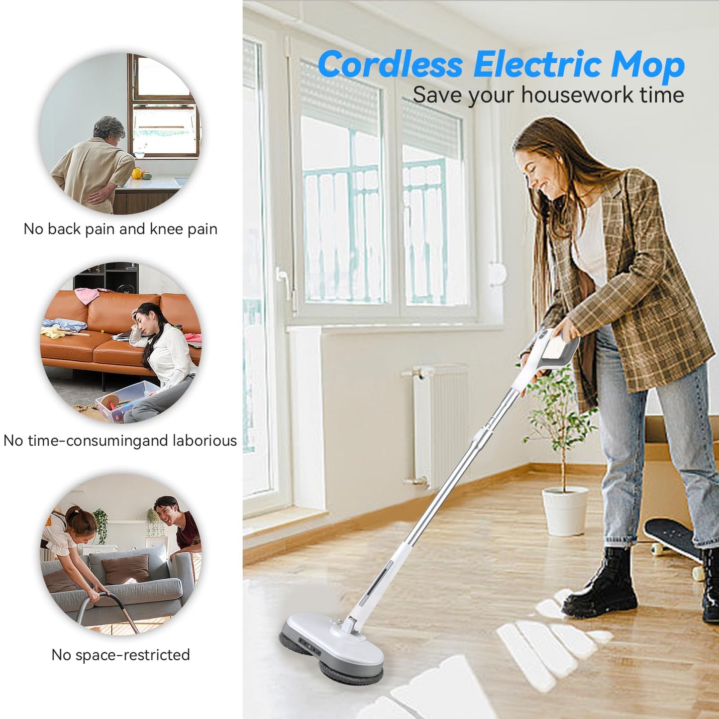 Cordless Electric Mop, Dual Motor Powerful Spin Mop 2000 mAh, Floor Polisher,1H Rechargeable Power Mops with LED Light/Water Sprayer, Electric Mops for Floor Cleaning for Hardwood, Tile, Rotate 180°