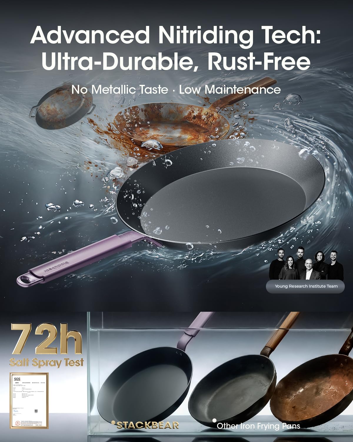 StackBear Carbon Steel Frying Pan 12 Inch, NitrOx™ Nitrided Steel Skillet, Preseasoned Rust Resistant Large Cooking Pan with Ergonomic Handle & Removable Silicone Grip, Induction & Oven Safe