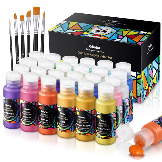 Ohuhu Outdoor Acrylic Paint for Metal, 24 Colors Paint Set, 2 oz./60ml Bottles for Artist, Beginners 18 Basic& 6 Metallic Acrylic Paints with 6 Brushes for Drawing, Waterproof Rich Pigments on Garden Statues, Woods, Rocks, Canvas, Glass, Fabrics, Last 3-4