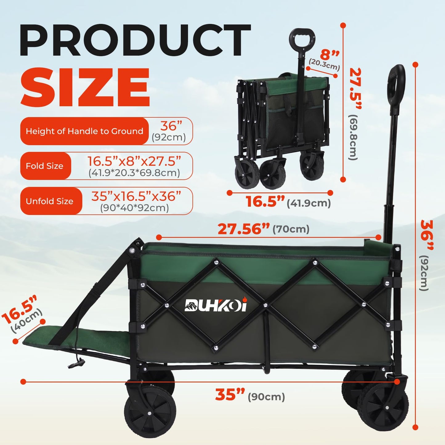 Duhkoi Collapsible Folding Wagon with Tailgate, 12lbs Medium Utility Cart, 120L Compact Capacity Wagon with Wheels, Adjustable Handle & Cup Holders for Shopping & Outdoor Use (Black Gray)