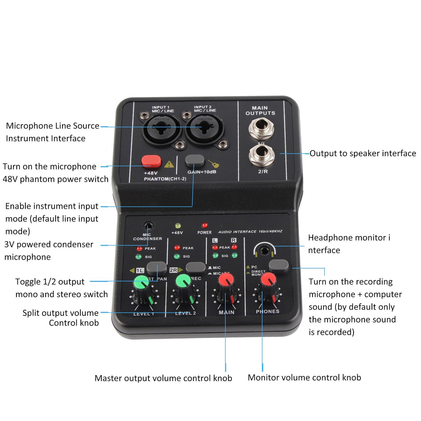 Mixer, Console, USB, 2-Channel Audio Mixer, 48V Power Compact Mixing Console, for Music Recording, Home Karaoke, Internet Karaoke