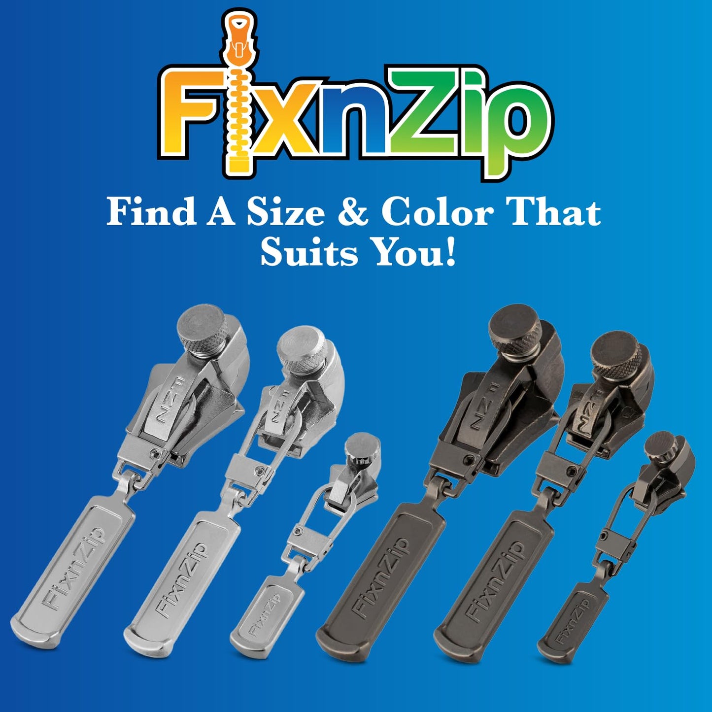 FixNZip Small, Medium, and Large Black Nickel Zipper Repair Kit Bundle | Universal No-Sew Slider Replacement for All Zipper Needs | Instant and Reusable Repair Tool | Sizes 1-10