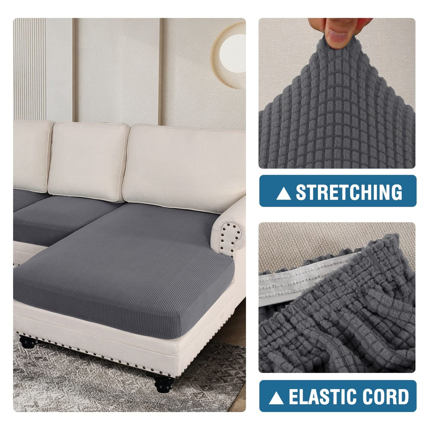 H.VERSAILTEX Sectional Couch Covers 4 Pieces Sofa Seat Cushion Covers L Shape Separate Cushion Couch Chaise Cover for Both Left/Right Sectional Couch (Seat Only: 1 Chaise + 3 Sofa, Grey)