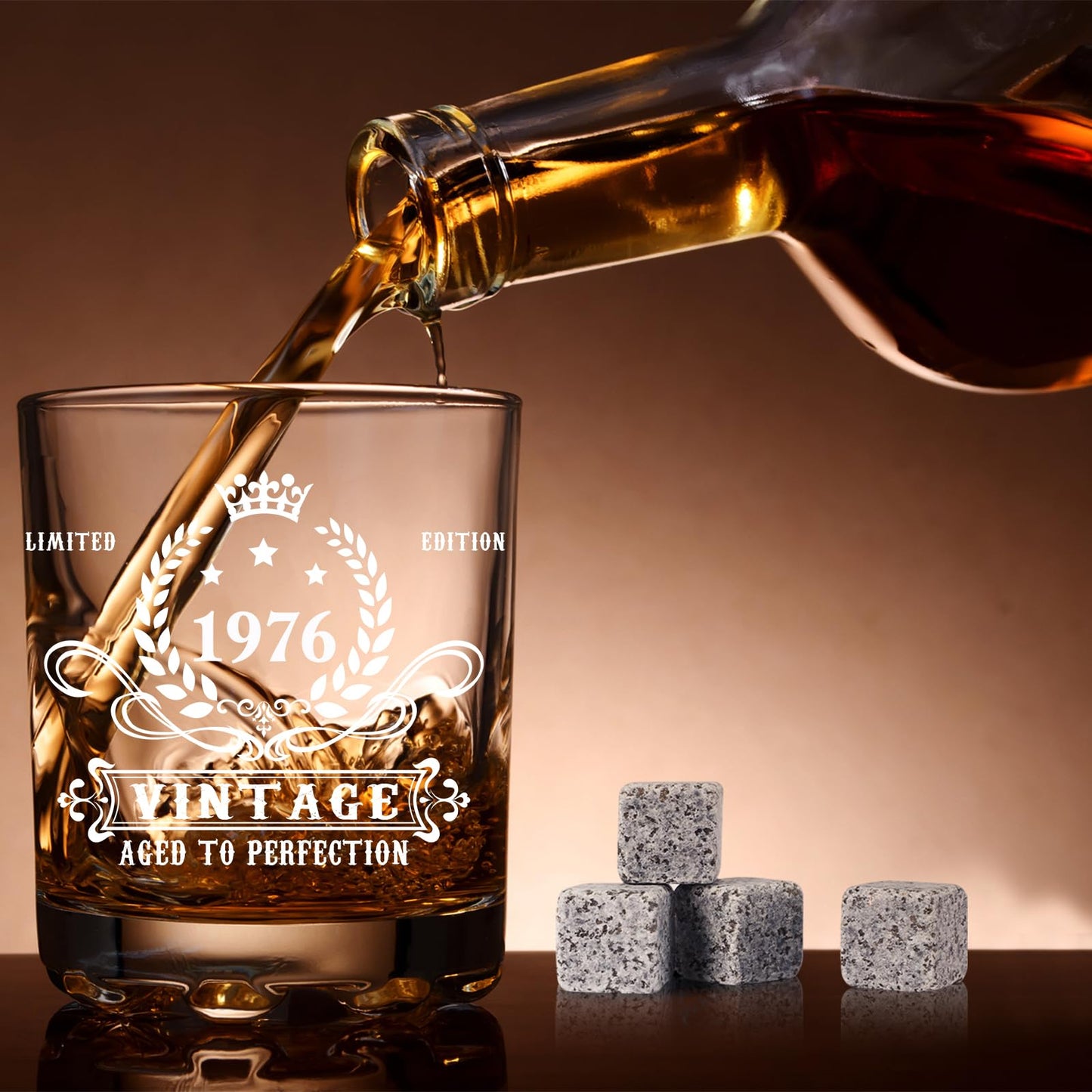 50th Birthday Gifts for Men,Vintage 1976 Whiskey Glass Set,Wood Box & 1976 Poster Anniversary Card &Whiskey Coaster & Stones,Bday Gifts Ideas for Him, Dad, Husband