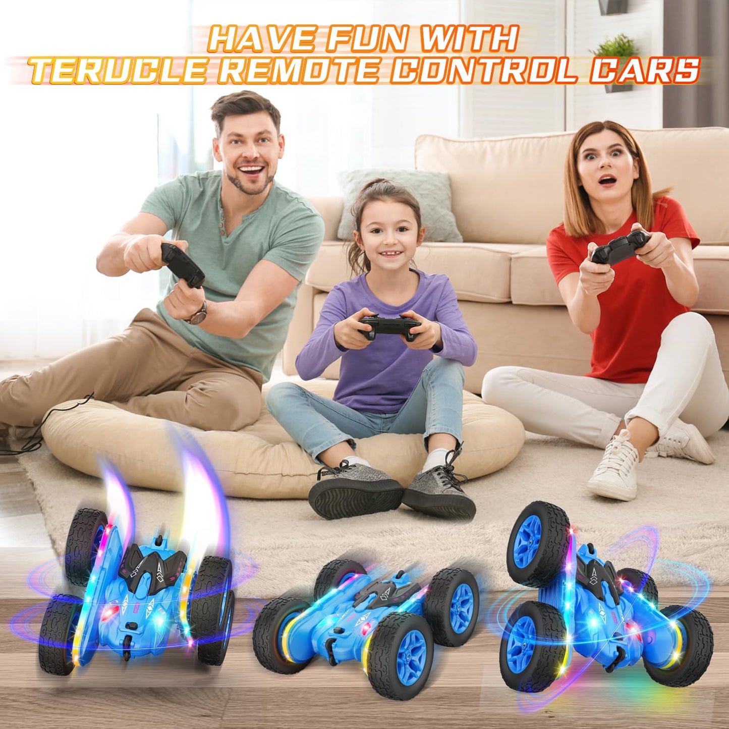 Terucle Remote Control Car, Rc Cars Stunt Car Toys New Upgraded Strip Lights and Headlights Car Toys Double-Sided 360° Rotating 4WD Rc Drift Truck for Boys Girls Birthday Gift (Blue)