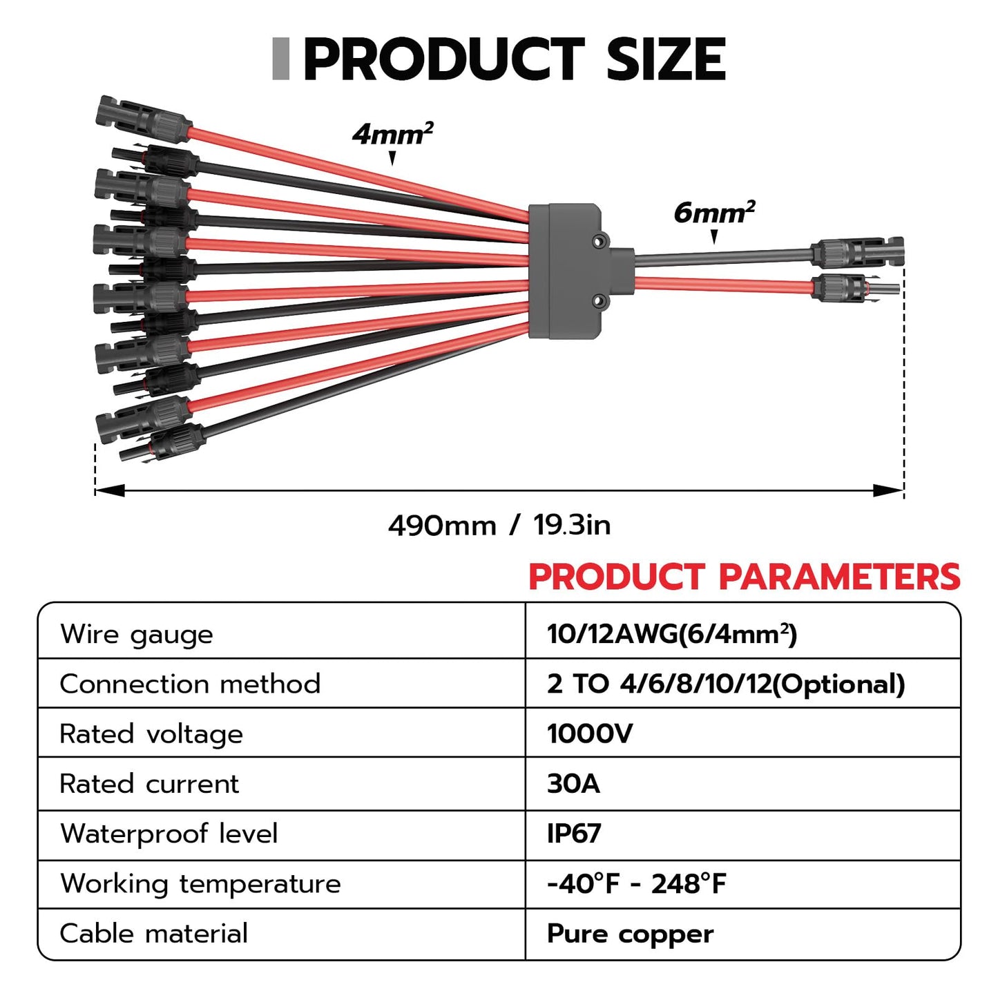 HCOVTXR 1 Pair Solar Panel Connectors Y Branch 2 to 12,Solar Parallel Connectors for 2-6 Solar Panels,10AWG Solar Y Connector PV Tool Kit