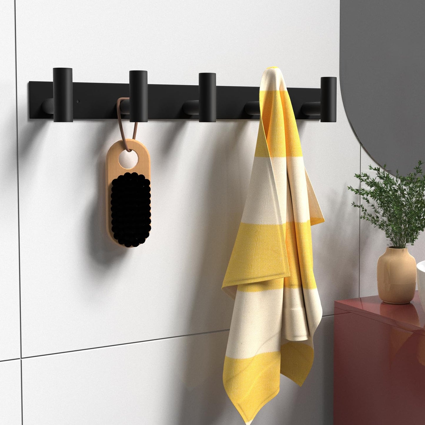 PMMASTO Coat Rack Wall Mount with 5 Coat Hooks, Heavy Duty Stainless Steel T Shaped Wall Hooks for Hanging Hat Towel Robes, Coat Hanger in Bathroom Kitchen Entryway (Black, 2 Pack)