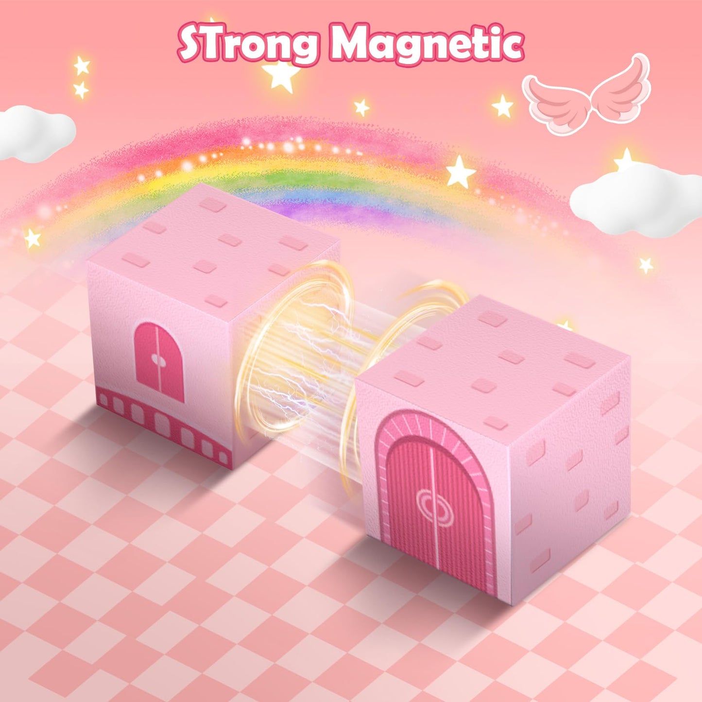 PINKCAT 100PCS Magnetic Blocks, Kids Building Pink Fantasy Castle Cubes, Stacking Tiles, STEM Sensory Toys for Toddlers, Kids Travel Essentials Toy, 3 4 5 6 7 8-12 Years Girls Boys Gifts