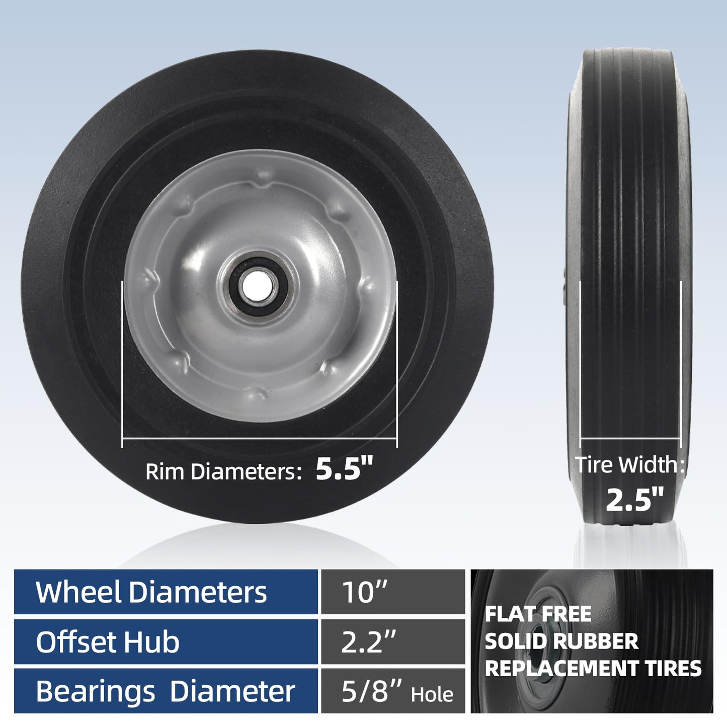 AR-PRO (2-Pack) 10''x2.5'' Flat Free Solid Rubber Replacement Tires for Hand Trucks and Wheelbarrows With 5/8" Axles