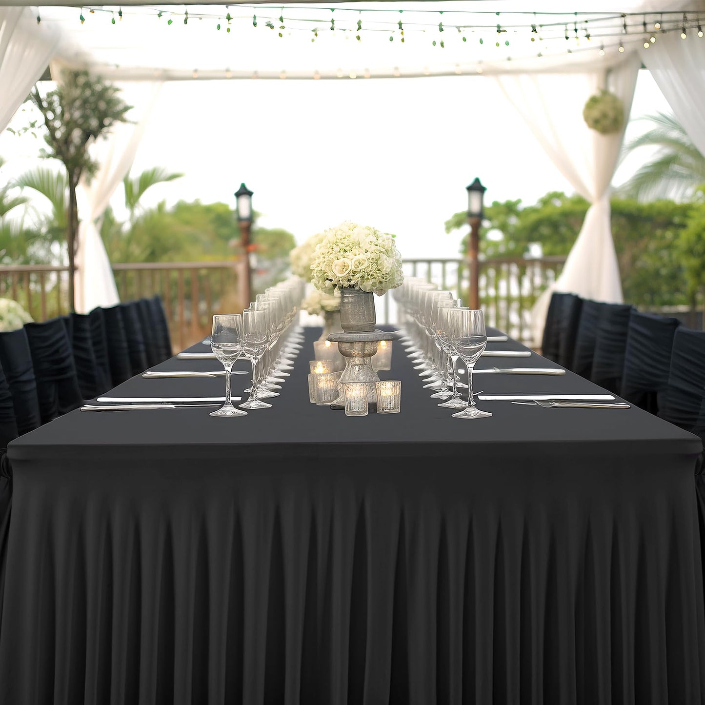 2 Packs Black Table Clothes for 6 Foot Rectangle Tables, One-Piece Wrinkle Resistant Stretch Spandex Table Covers with Skirt for Event Banquet Wedding Birthday Party