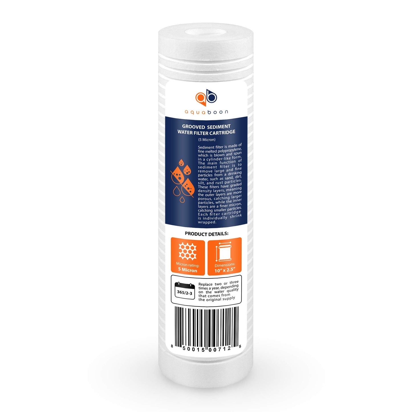 Aquaboon Whole House 5 Micron 10 x 2.5 PP Grooved Sediment Water Filter Cartridge Replacement Compatible with AP110, WHKF-GD05, CFS110, P5, 6-Pack
