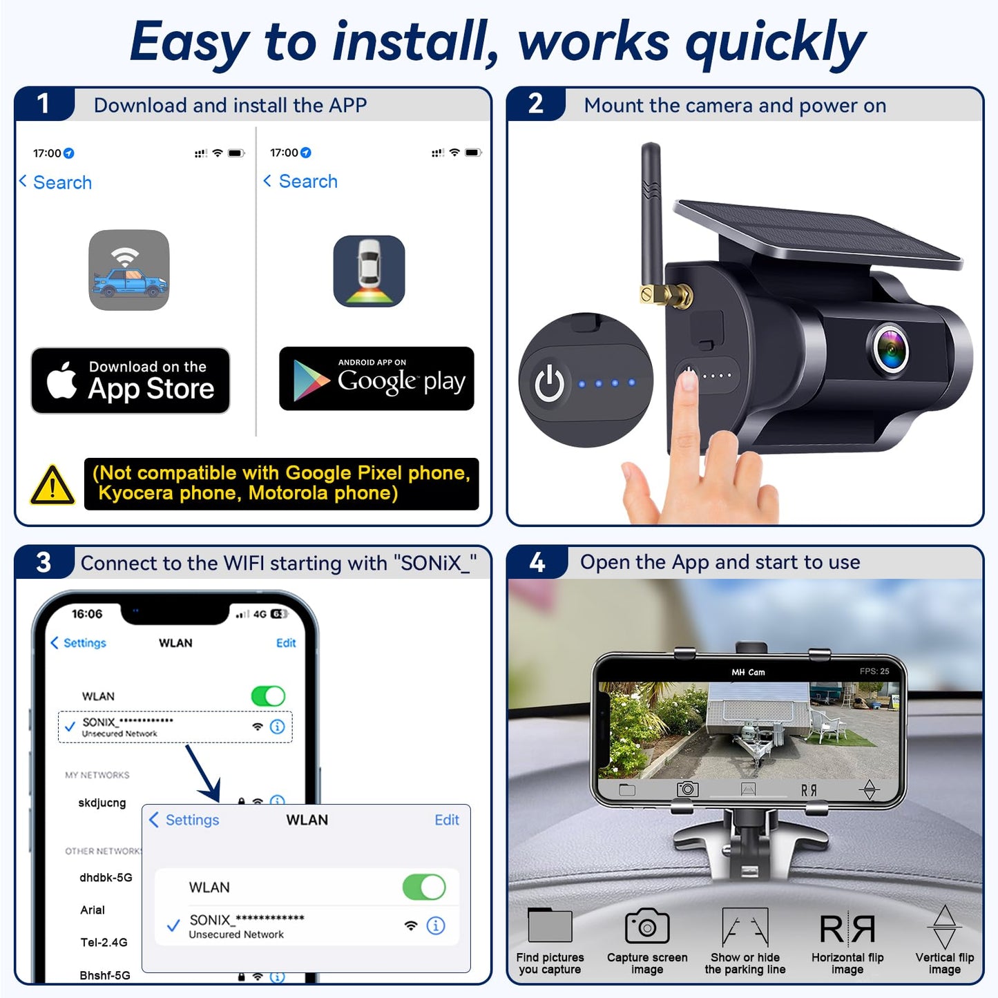 Wireless Backup Camera for Trucks Magnetic: Solar-Powered, WiFi, No Wiring, HD 1080P, Night Vision, Easy Installation for Towing & Parking