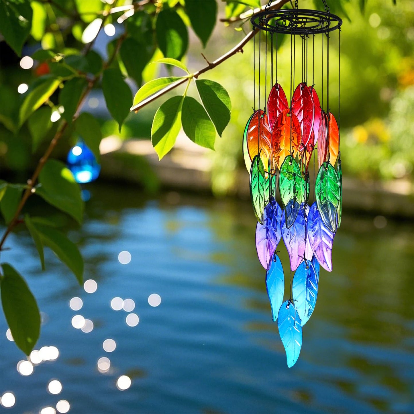 Small Sea Glass Wind Chimes for Outside, Fall Leaves Windchimes Outdoors Unique, Sea Glass Art Wind Chimes Outdoor Gifts for Women, Hanging Outdoor Garden Decor