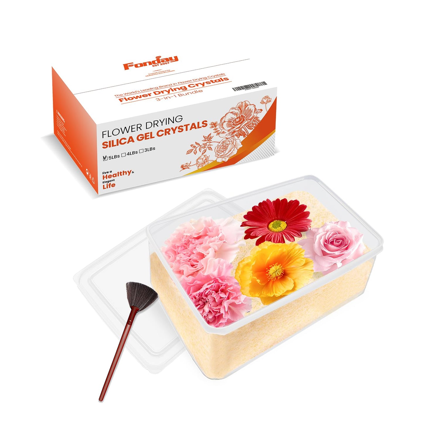 Fonday Silica Gel Flower Drying Crystals for Wedding Bouquet Preservation Color Indicating Reusable Bead Size Less Than 1mm (5LBs 3-in-1, with Sealed Container and Brush)