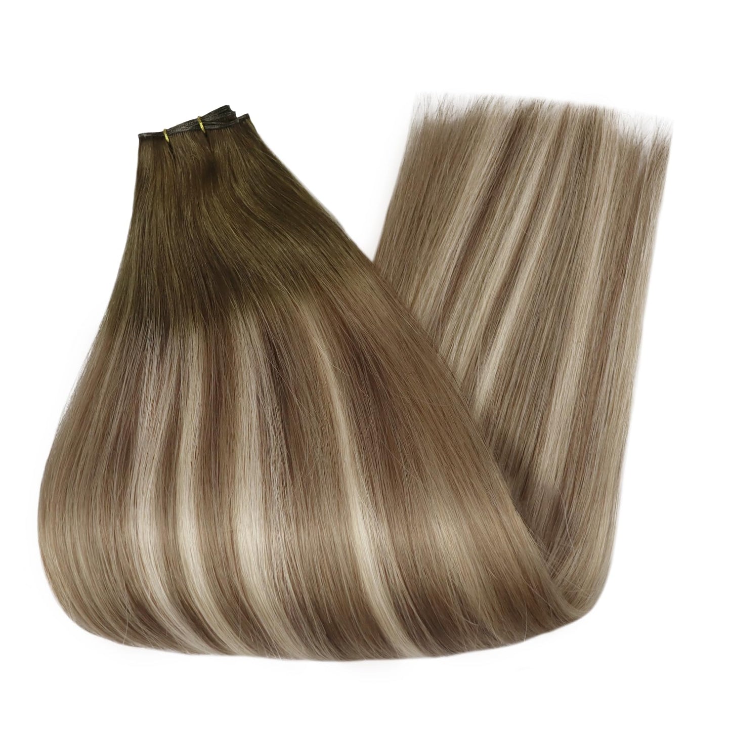 Full Shine Weft Hair Extensions Human Hair Single Genius Weft Sew in Extensions 50G Brown and Blonde Balayage Hair Extensions 18 Inch Silky Straight Human Hair Weft Extensions