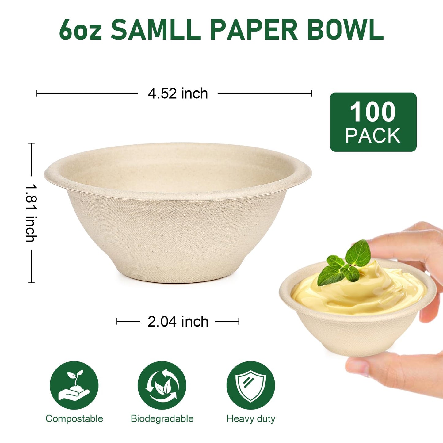 Small Paper Bowls 6 oz, 100 Pack Biodegradable Bagasse Bowls