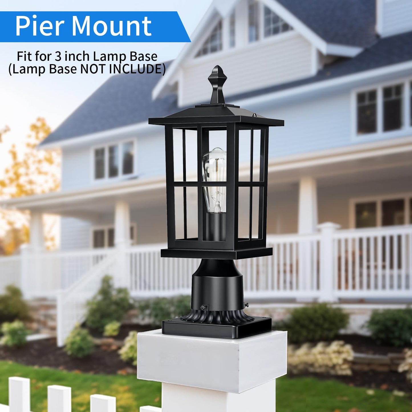 SNRU 2-Pack Outdoor Post Lights, Anti-Rust Farmhouse Pillar Post Light Fixtures, 15" Medium Black Exterior Post Lamp with Tempered Glass, Hardwired 120V Outside Lantern for Garden Driveway & Yard
